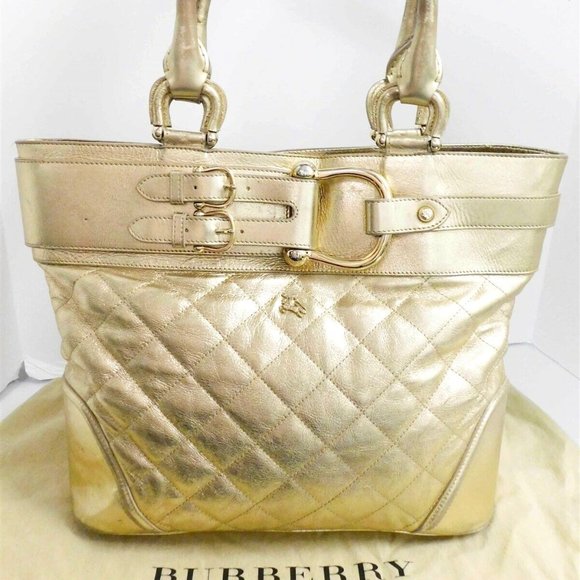 Burberry Gold‎ Metallic Quilted Leather Large Tote Bag Italy - Picture 1 of 11